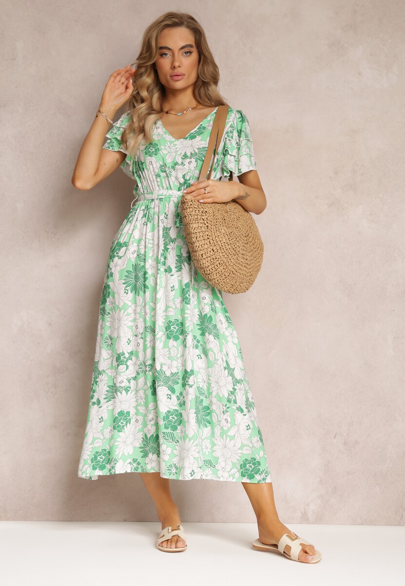 Zielona Sukienka z Wiskozy w Kwiaty z Wiązanym Paskiem Malore