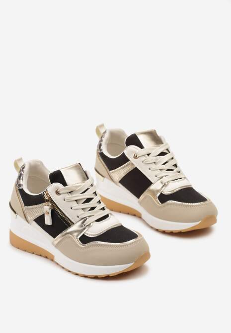 Beżowo-Czarne Sneakersy na Niewysokim Koturnie Ozdobione Suwakiem i Wstawkami Liorrama