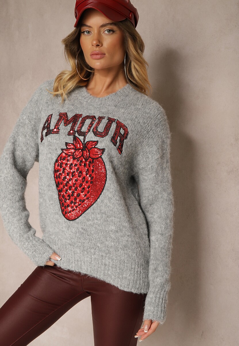 Szary Sweter z Dodatkiem Wełny Ozdobiony Naszywką Truskawką i Napisem Zozizelle