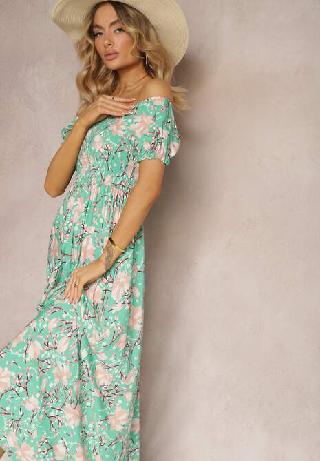 Zielona Kwiecista Sukienka o Rozkloszowanym Kroju z Marszczoną Górą Eliseria