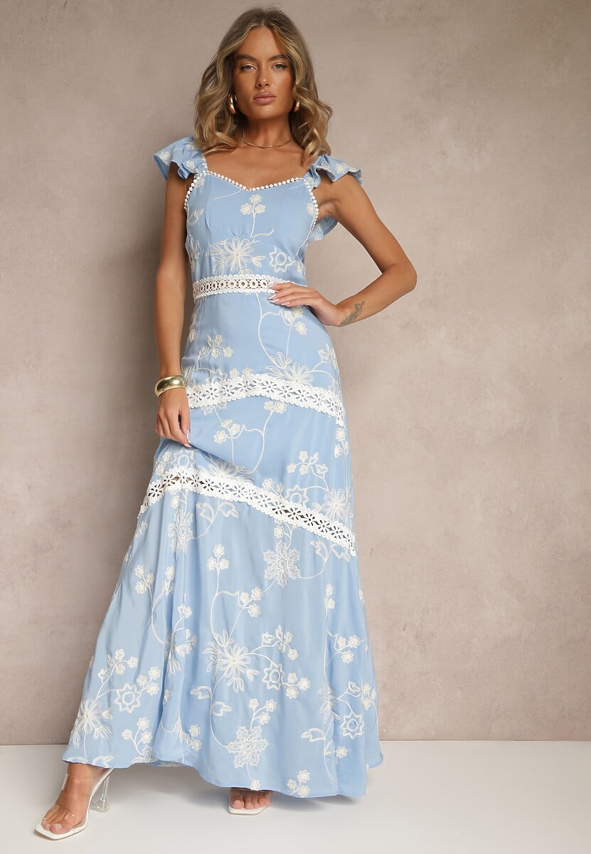 Biała Rozkloszowana Sukienka z Wiskozy z Haftami Lumirieve