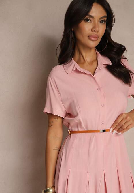 Różowa Koszulowa Sukienka z Wiskozy z Cienkim Paskiem Filanella