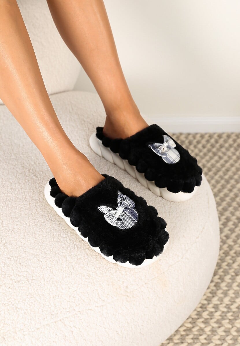 Czarne Futrzane Kapcie na Platformie z Kokardką Oivio