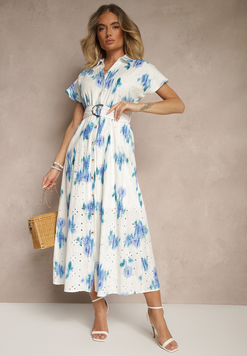 Biało-Niebieska Bawełniana Sukienka z Ażurowym Zdobieniem o Koszulowym Kroju z Paskiem Velpio