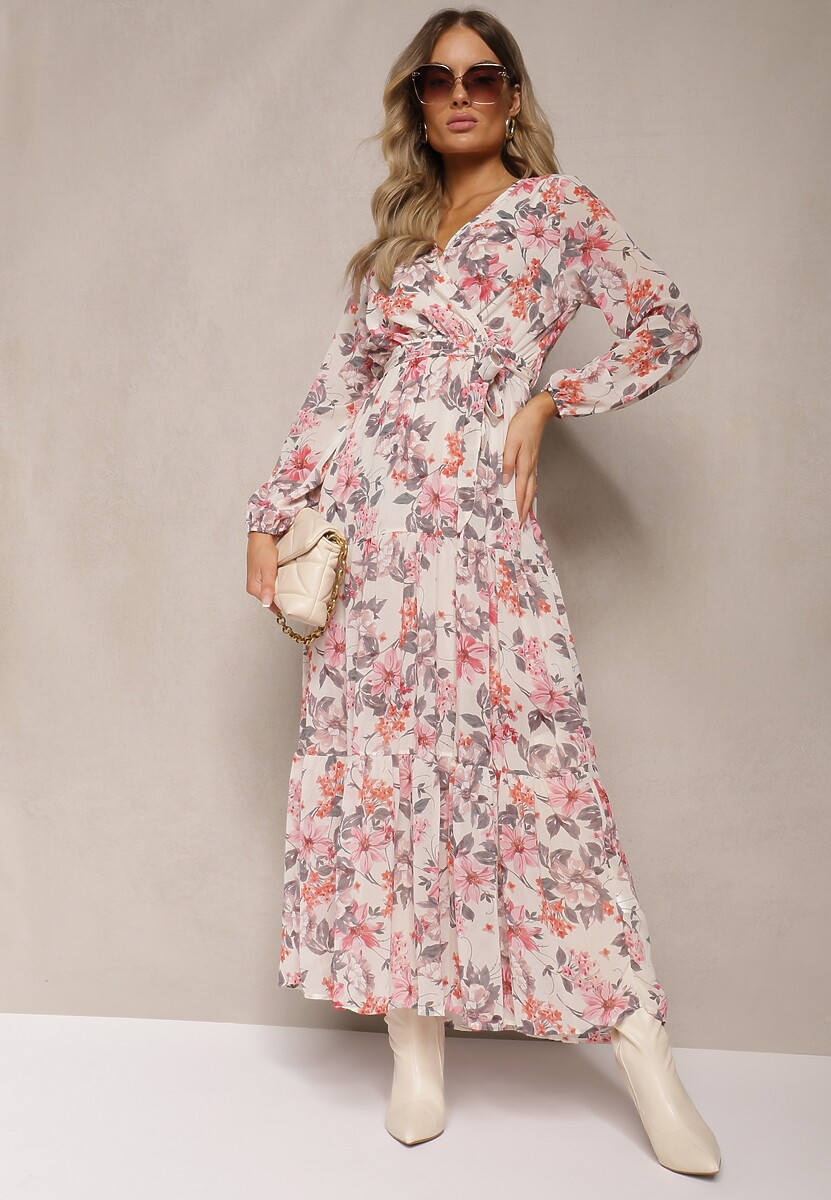 Beżowa Sukienka Maxi z Kopertowym Dekoltem i Gumką z Wiązaniem w Talii Alret