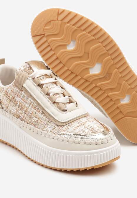 Ciemnobeżowe Sneakersy z Tweedowymi Zdobieniami i Przeszyciami na Platformie Ulandrelia