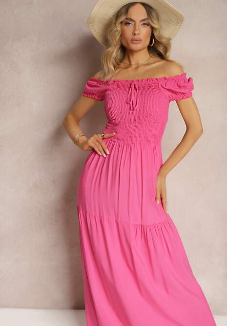 Różowa Sukienka Hiszpanka z Wiskozy z Górą Marszczoną Gumkami Moallme