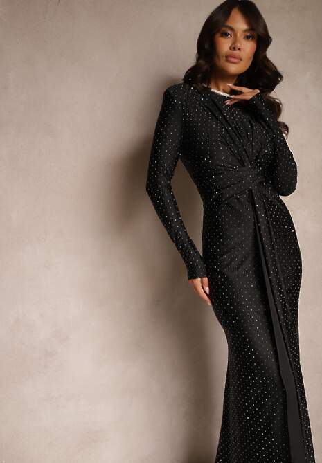 Czarna Dopasowana Sukienka Koktajlowa Marszczona w Pasie Zdobiona Cyrkoniami Rissanea