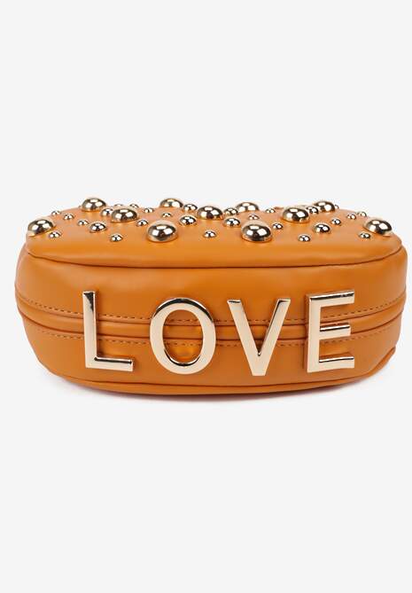 PomarańczowaTorebka Baguette z Napisem Love Łańcuszkiem i Wypukłymi Nitami Teresiel
