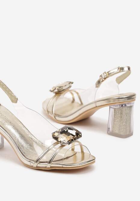 Złote Sandały Transparentne na Obcasie ze Skórzaną Wkładką i Aplikacją Ilisana