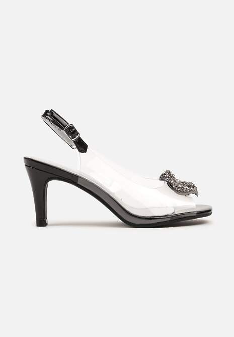 Czarne Sandały Transparentne na Obcasie z Ozdobną Aplikacją z Cyrkoniami Selreis