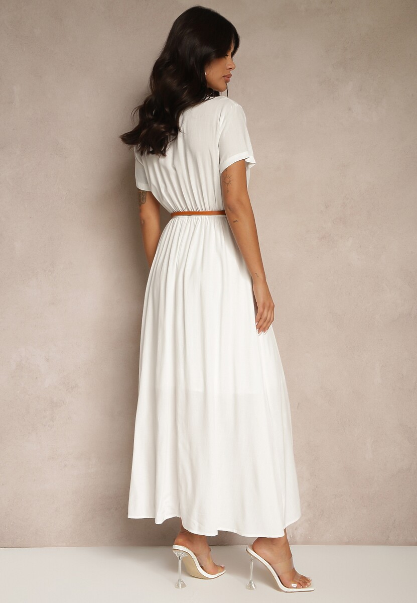 Biała Koszulowa Sukienka z Wiskozy z Cienkim Paskiem Filanella