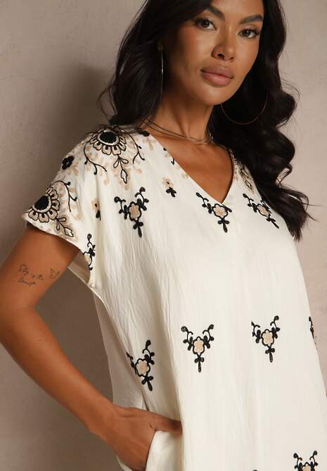 Biało-Czarna Sukienka z Wiskozy ze Wzorem w Stylu Etno Meluriela