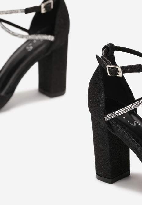 Czarne Czółenka Brokatowe na Słupku z Paskiem z Cyrkoniami Keshe