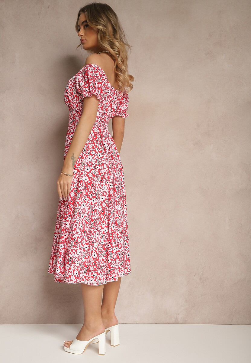 Czerwona Rozkloszowana Sukienka w Kwiatowy Print z Bawełną i Dekoltem Łódką z Bufkami Saniren