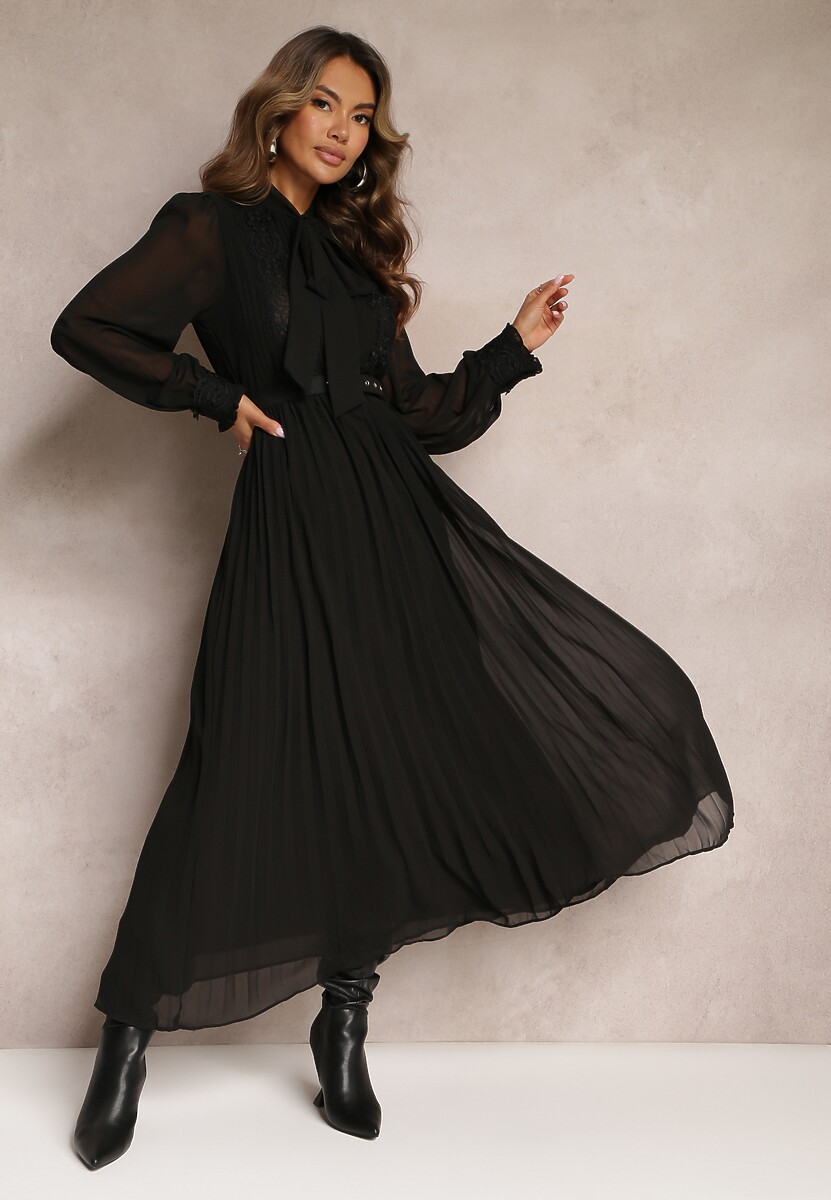 Ciemnofioletowa Plisowana Sukienka Maxi z Koronką i Paskiem Venila