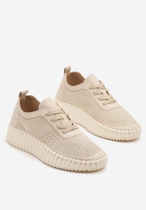 Jasnobeżowe Sneakersy na Tłoczonej Platformie z Ażurową Cholewką Ronfira