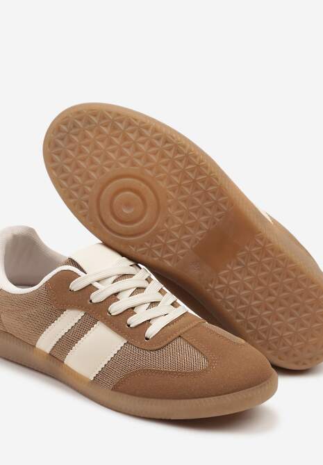 Ciemnobeżowe Sneakersy w Stylu Tenisówek Ozdobione Paskami Jenaniela
