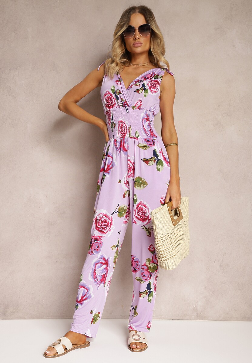 Fioletowy Kombinezon o Taliowanym Kroju Bez Rękawów w Kwiaty Senivia