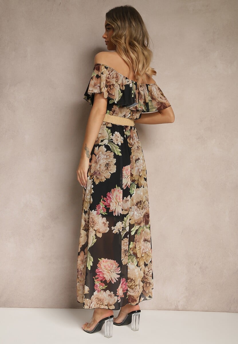 Czarna Sukienka Hiszpanka z Kwiatowym Wzorem i Plecionym Paskiem Sadeene