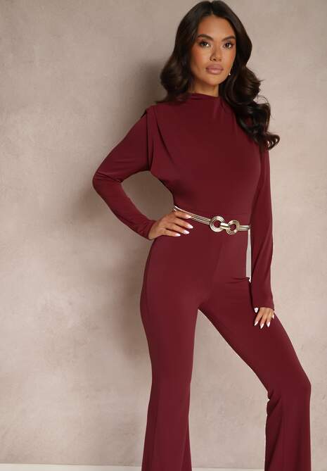 Bordowy Taliowany Kombinezon Koktajlowy z Ozdobnym Wycięciem z Tyłu Sewini