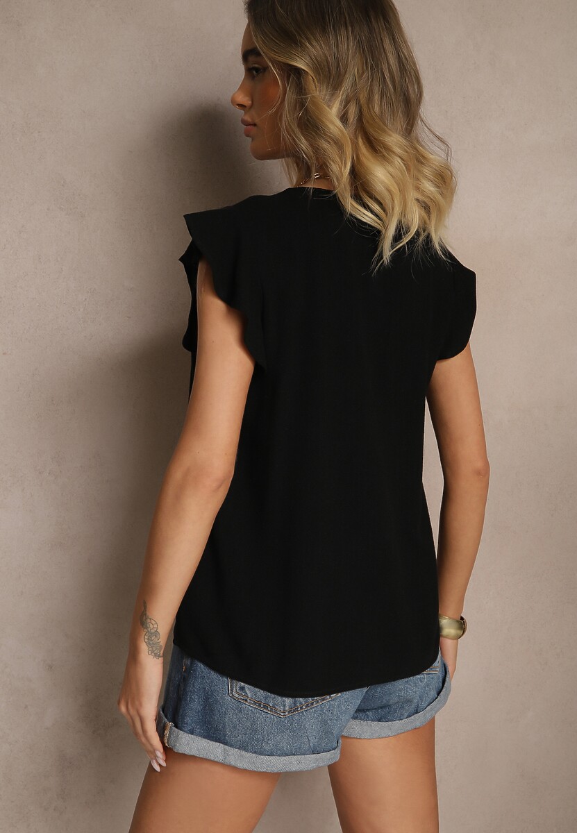 Czarna Bluzka z Wiskozą Lnem i Haftem Novillara