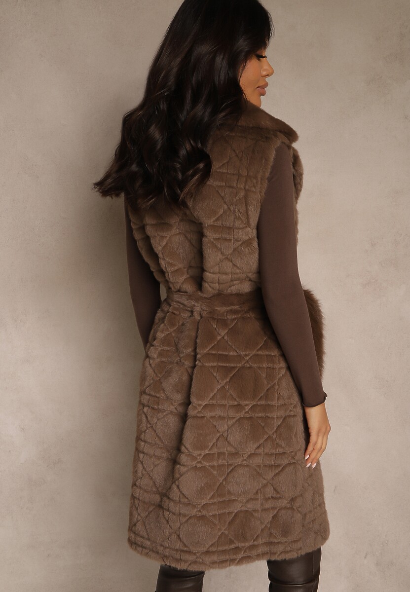 Brązowa Kamizelka Futerko z Wiązanym Paskiem Zdobiona Przeszyciami Ranitila