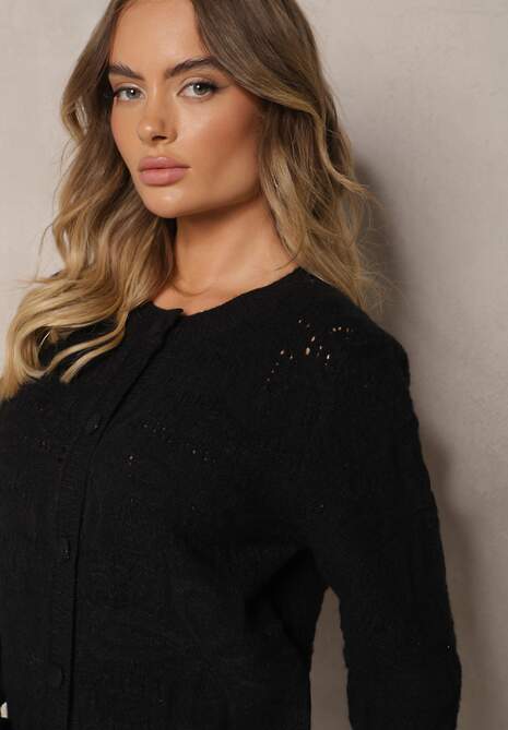Czarny Pudełkowy Kardigan z Wełną i Wiskozą o Tłoczonym Splocie Vaitra