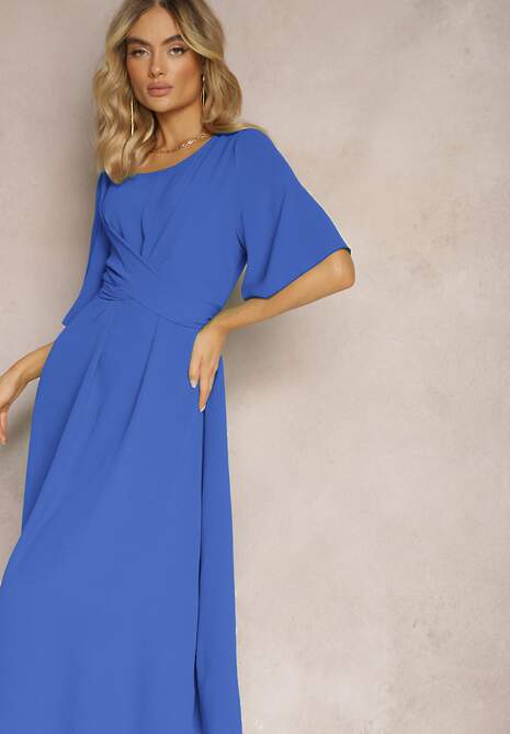 Granatowa Rozkloszowana Sukienka Maxi z Szerokim Rękawem i Gumką w Pasie Sador