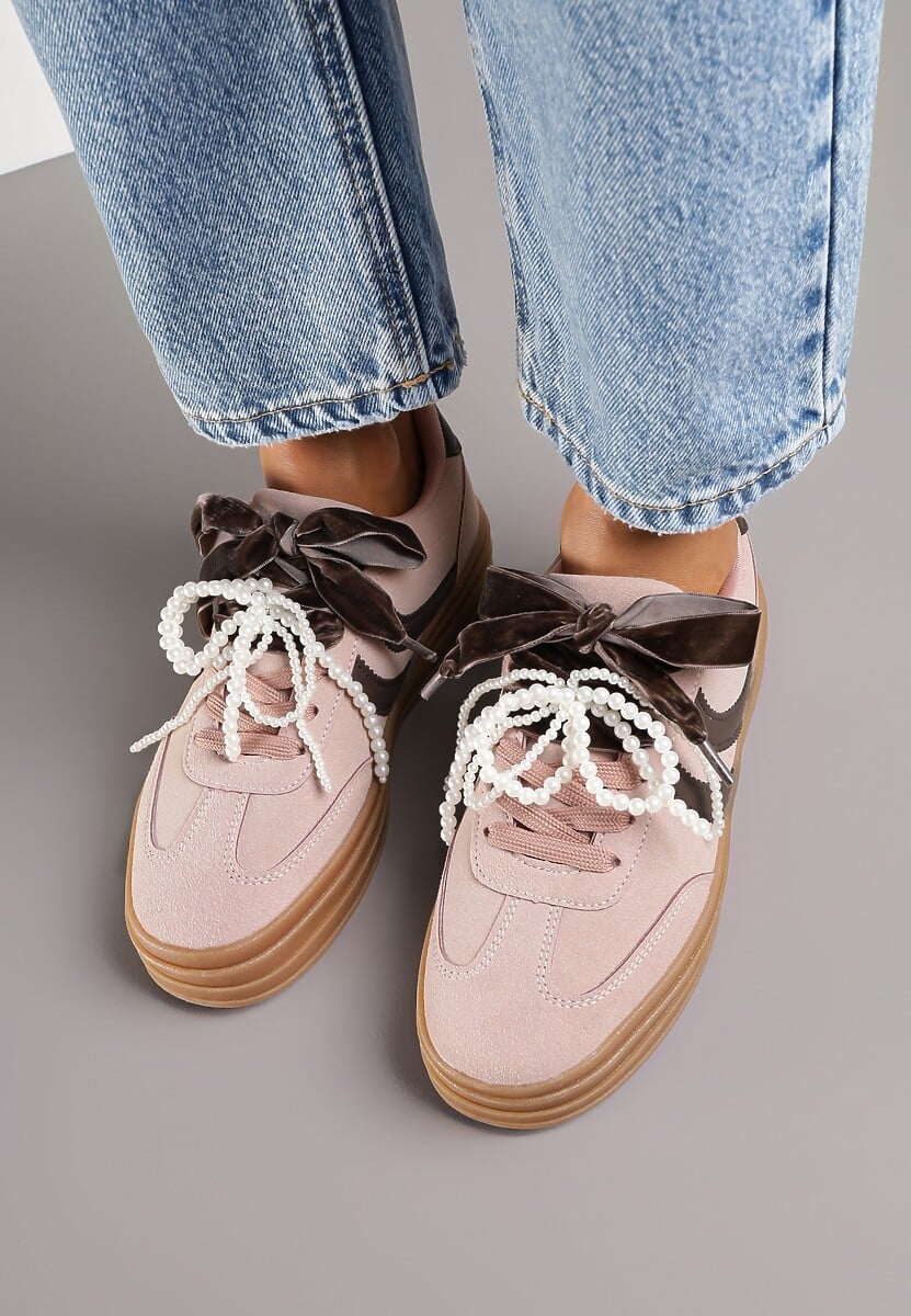 Różowe Sneakersy Tenisówki na Tłoczonej Platformie Ozdobione Perłami Ashinne