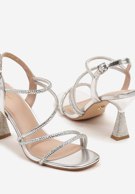 Srebrne Cyrkoniowe Sandały Vices na Stożkowym Obcasie Galitiela