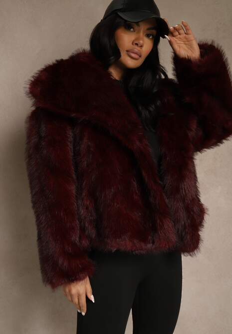 Bordowa Kurtka ze Sztucznego Futra Ozdobiona Kołnierzem Meriian