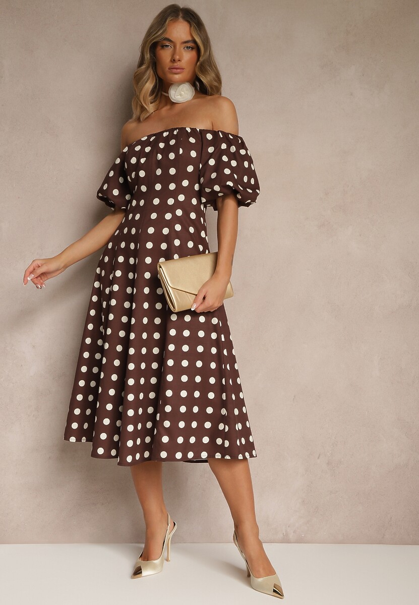 Brązowa Sukienka Hiszpanka Vices w Kropki o Rozkloszowanym Kroju Zilua