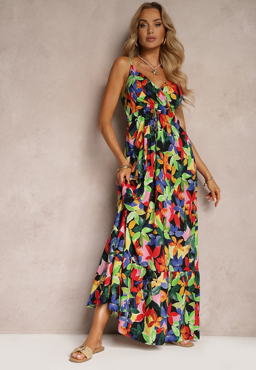 Czarno-ZIelona Kopertowa Sukienka z Wiskozy na Ramiączkach i Gumką w Talii Tiamali