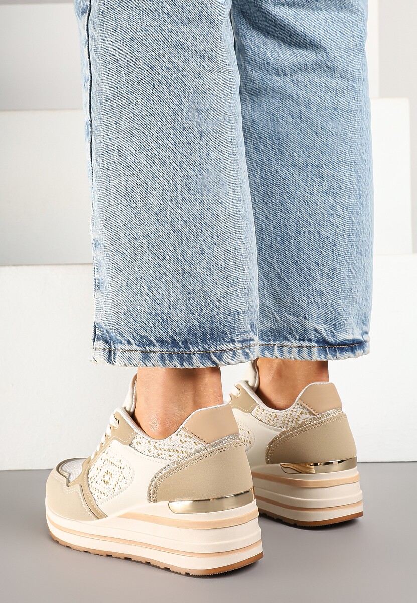 Beżowe Sneakersy na Koturnie z Geometrycznym Wzorem i Brokatem Tillineira