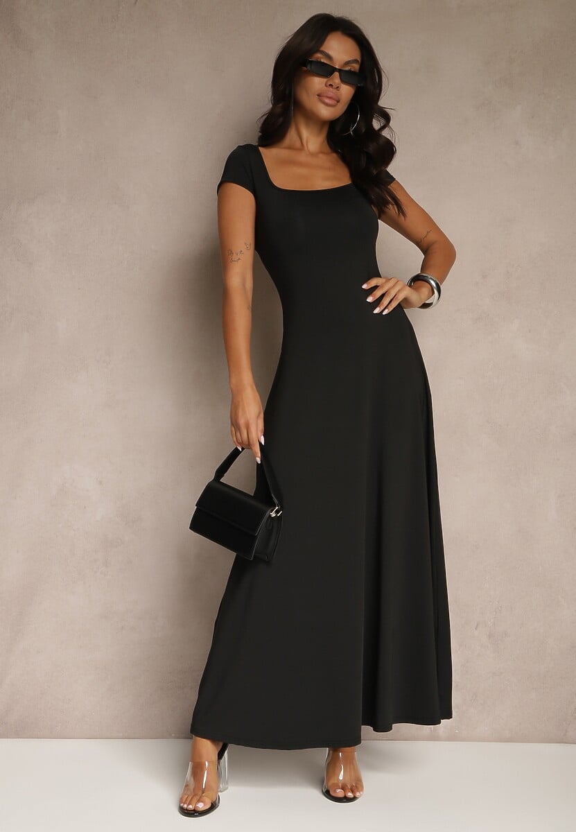 Czarna Rozkloszowana Sukienka z Wiskozą z Kwadratowym Dekoltem Nalorina