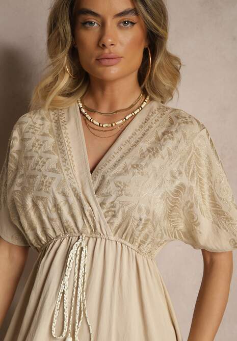 Beżowa Wiskozowa Sukienka Boho o Kopertowym Kroju z Metalicznym Haftem Redeselle