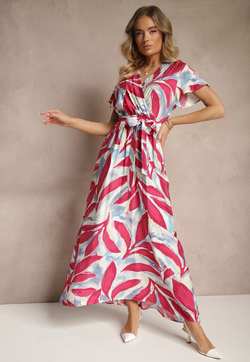 Niebieska Kopertowa Sukienka z Wiskozy z Wiązanym Paskiem w Roślinny Print Arivane