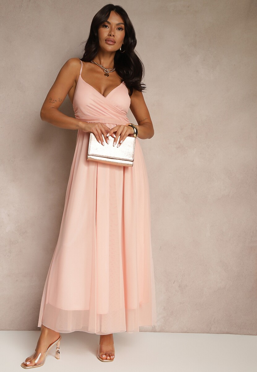 Różowa Sukienka Koktajlowa Ozdobiona Tiulowym Materiałem Deviora