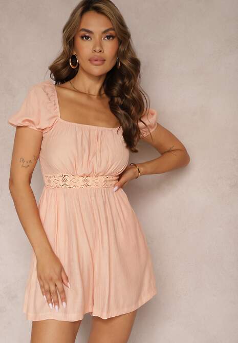 Różowy Wiskozowy Letni Kombinezon z Krótkim Rękawem i Kwadratowym Dekoltem Geviana