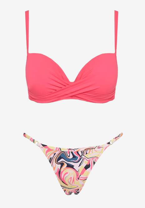 Różowe Bikini Biustonosz na Cienkich Ramiączkach z Regulacją i 2 Pary Majtek z Wiązaniem i Regulacją Pammarie
