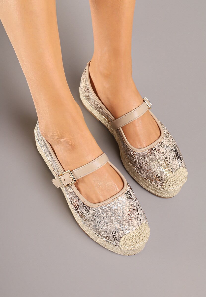 Beżowe Wężowe Espadryle z Plecionką i Paskiem Fevolise