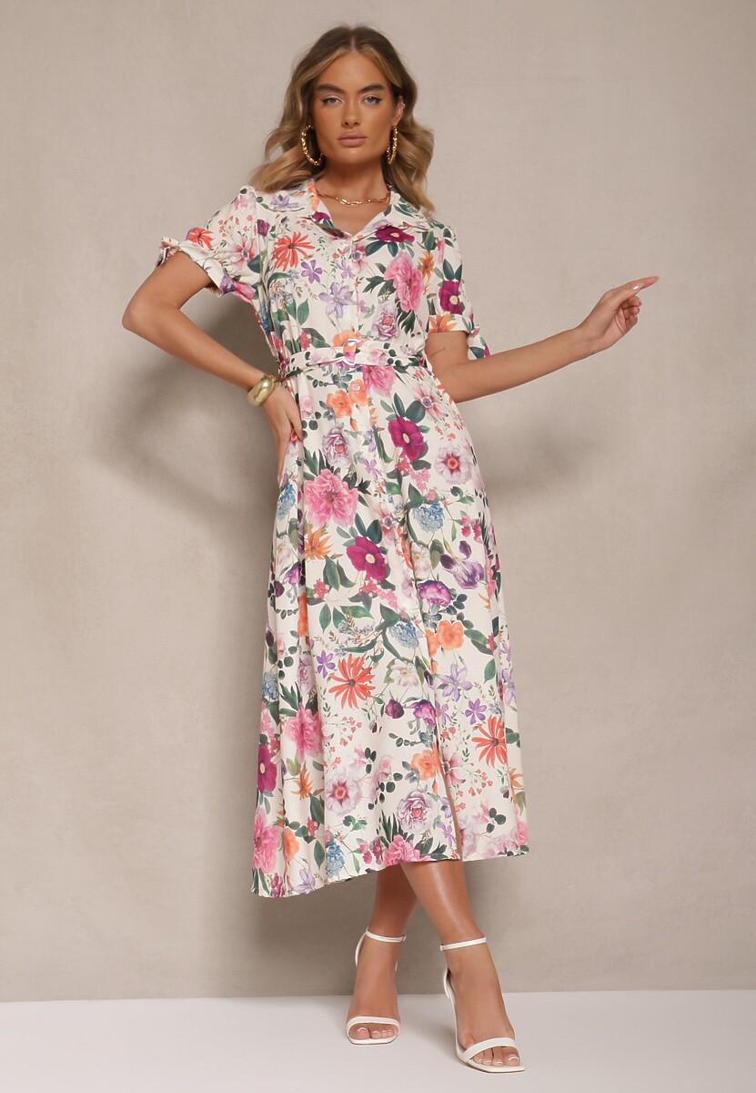 Brązowa Koszulowa Sukienka w Kwiaty o Rozkloszowanym Fasonie z Paskiem Fevalirra