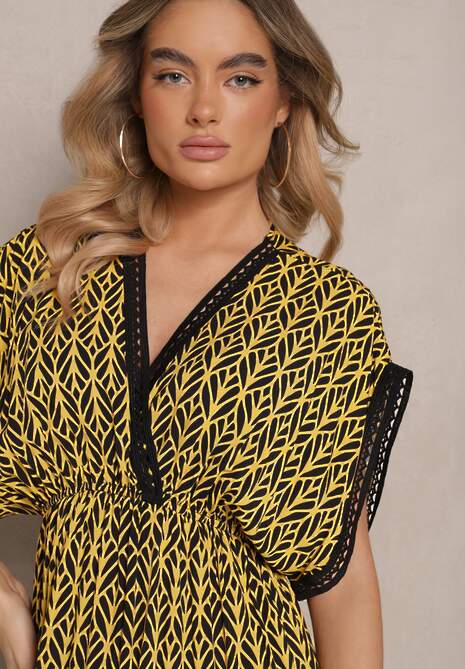 Żółta Sukienka Rozkloszowana z Bawełny Wykończona Koronką Lanadria