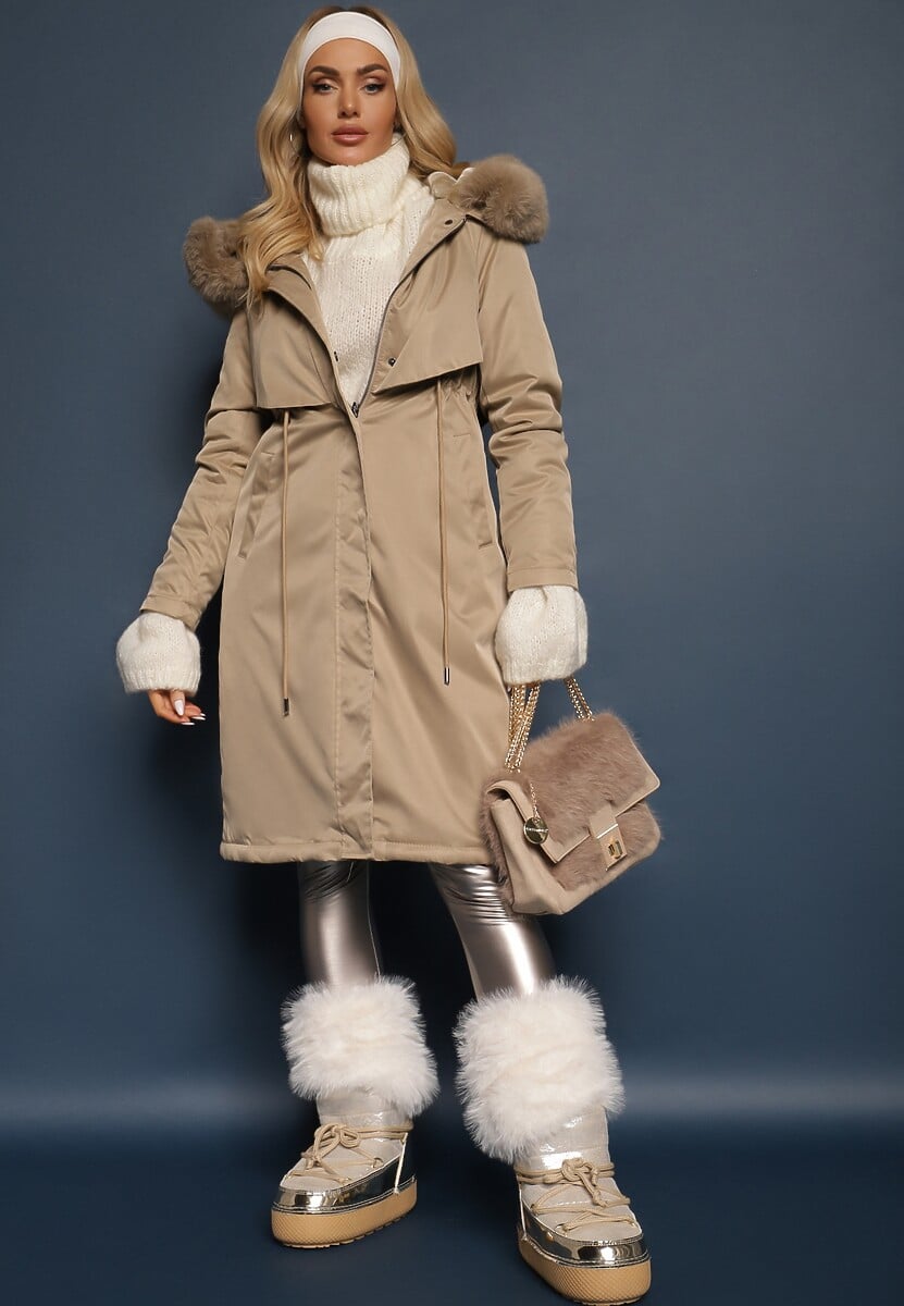 Beżowa Kurtka Płaszcz ze Ściągaczem i Kapturem z Ozdobnym Futerkiem Livieya