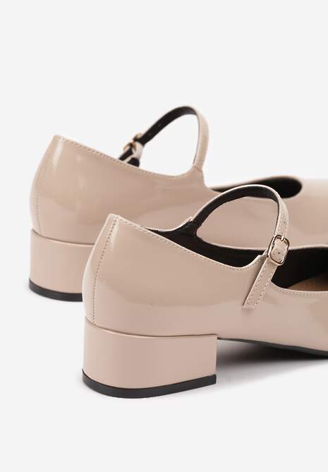 Beżowe Czółenka na Słupku z Ozdobnym Paskiem i Sprzączką Venetiana