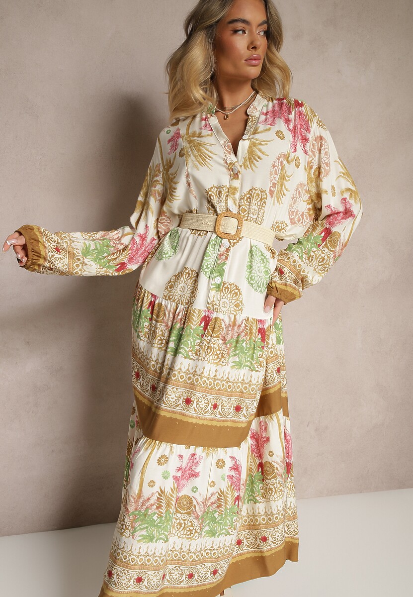 Beżowa Sukienka z Wiskozy Rozkloszowana w Print Boho Aedia
