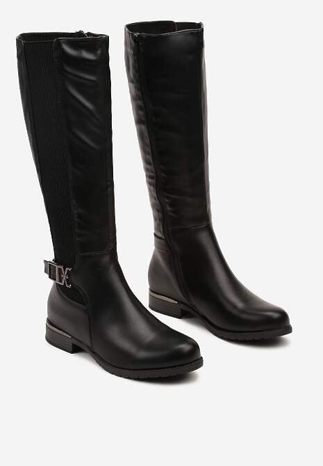 Czarne Płaskie Kozaki w Stylu Muszkieterek z Ozdobną Klamrą Annelis