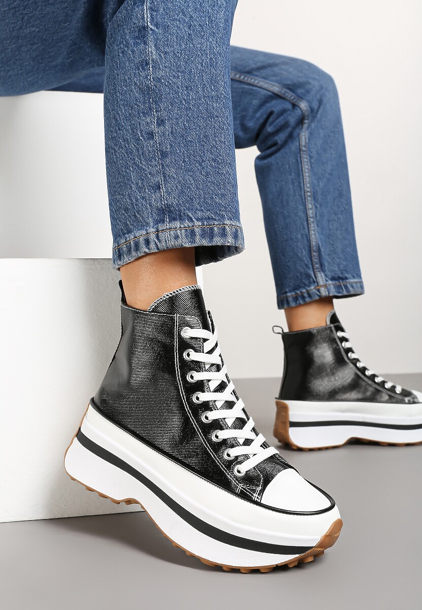 Czarne Sznurowane Trampki za Kostkę na Platformie Ealsevia