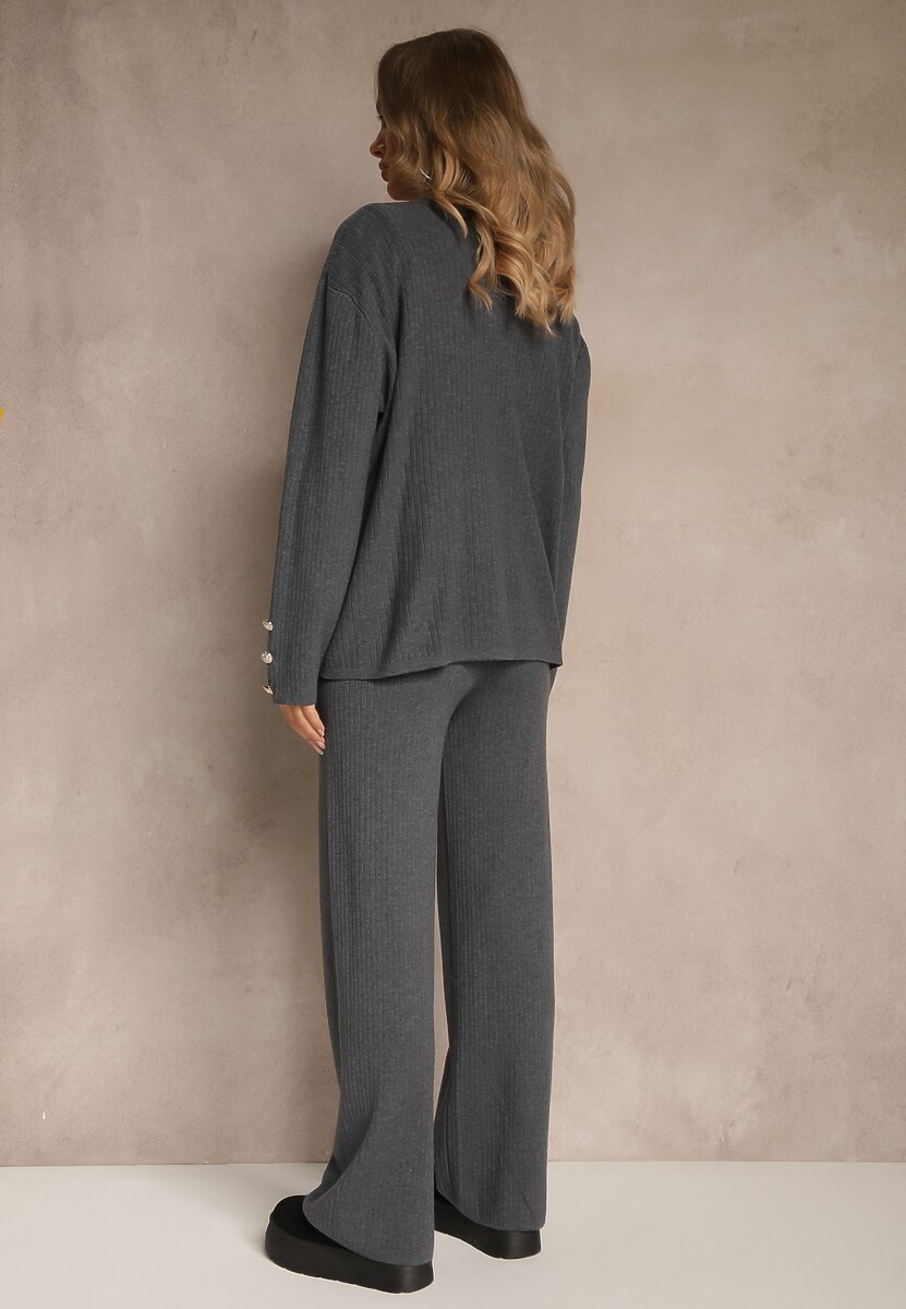 Szary Komplet z Dzianiny z Bawełną Spodnie Kardigan i T-shirt z Golfem Ralonia